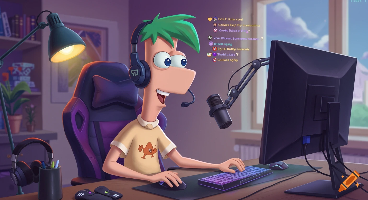 Cartoon character Ferb from Phineas and Ferb streaming or gaming at a computer desk.