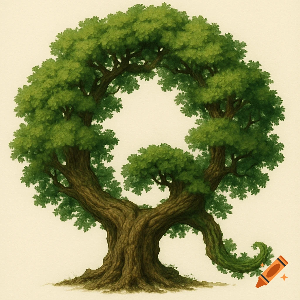 Illustration of an oak tree shaped like the capital letter Q.