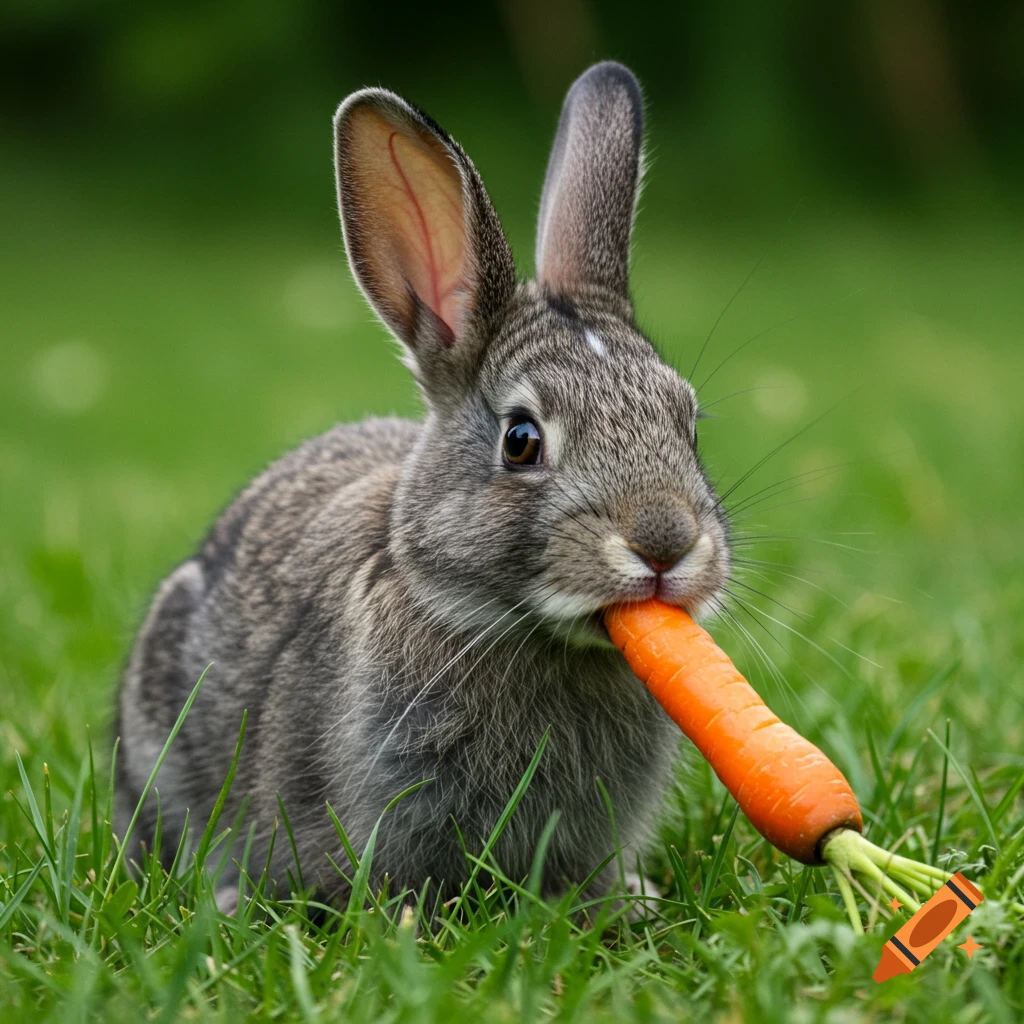 A grey rabbit eats a carrot in green grass.