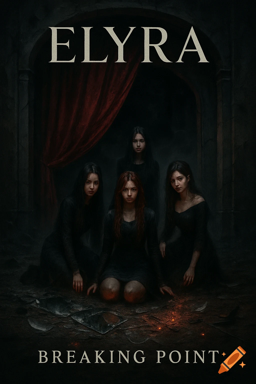 Four women in black dresses kneel on a cracked floor with embers and broken glass, under a red curtain. Text reads ELYRA BREAKING POINT.