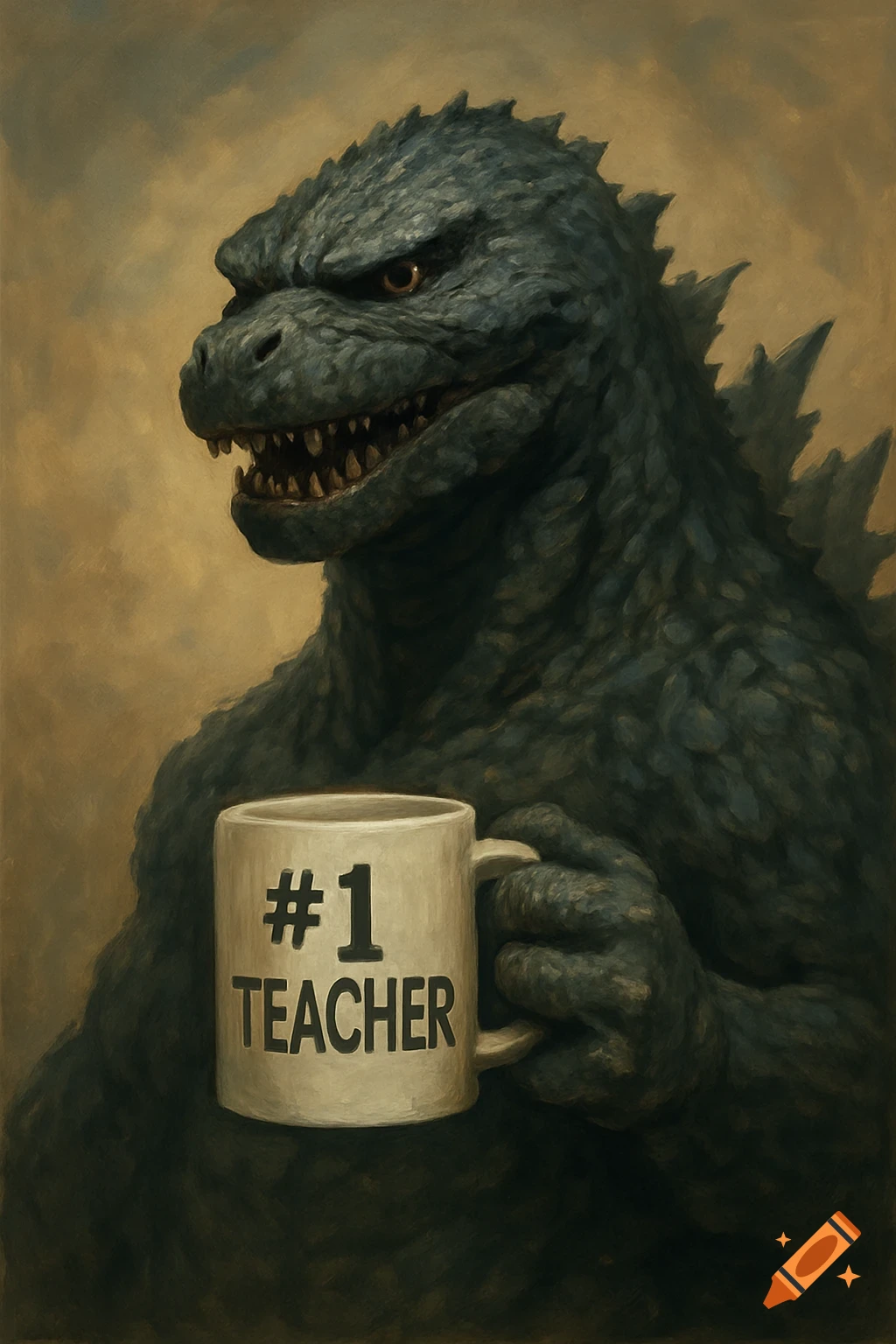 Godzilla holds a mug that says #1 TEACHER. Painting.