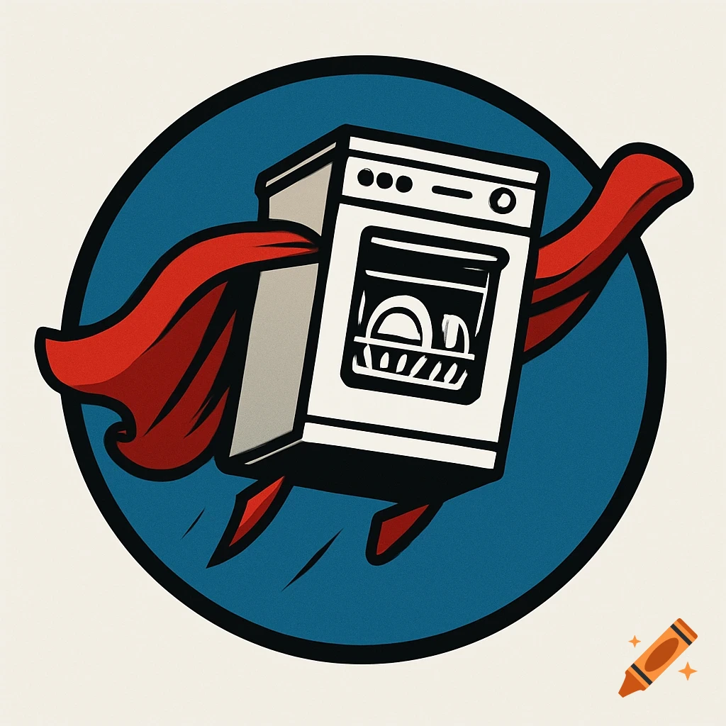Cartoon dishwasher flying with a red cape inside a blue circle logo.