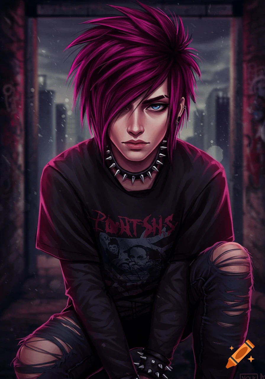 Portrait of an emo person with bright pink hair, black studded collar, and ripped black t-shirt and jeans.