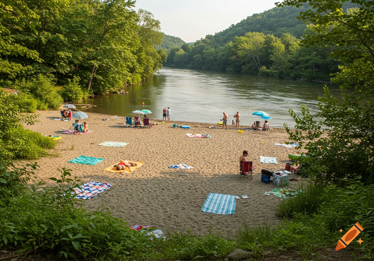 People relax on a sandy river beach with colorful towels and umbrellas, surrounded by green trees.