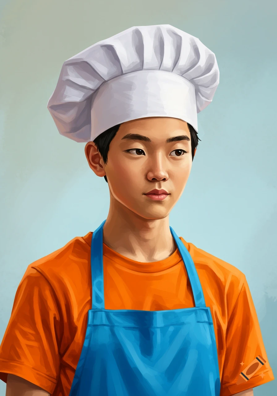 Digital painting of a young person wearing a chef hat, orange shirt, and blue apron.