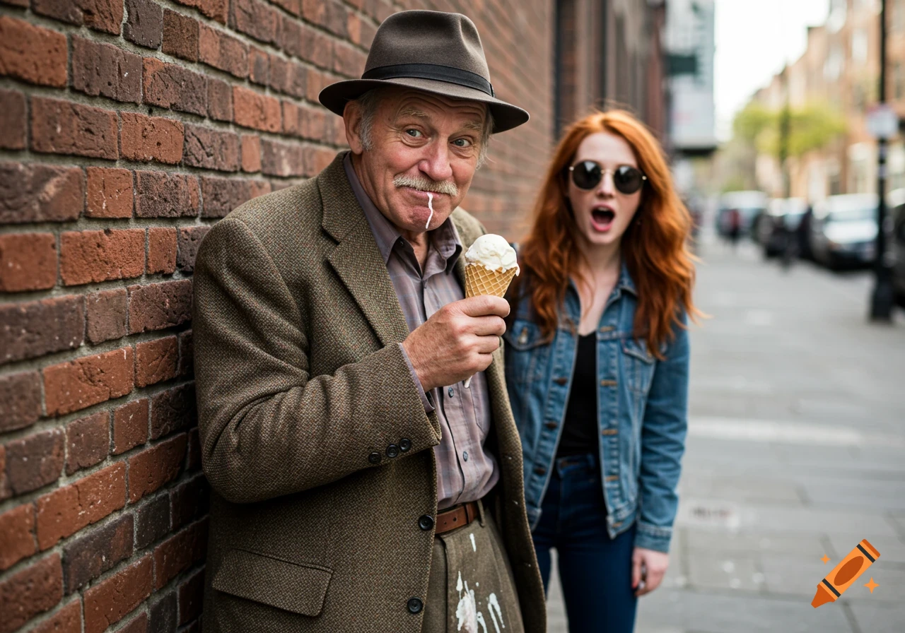 Old man messily eating ice cream with a surprised woman in the background on a street.