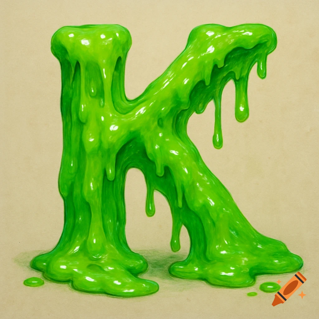 A large letter K made of bright green dripping slime.