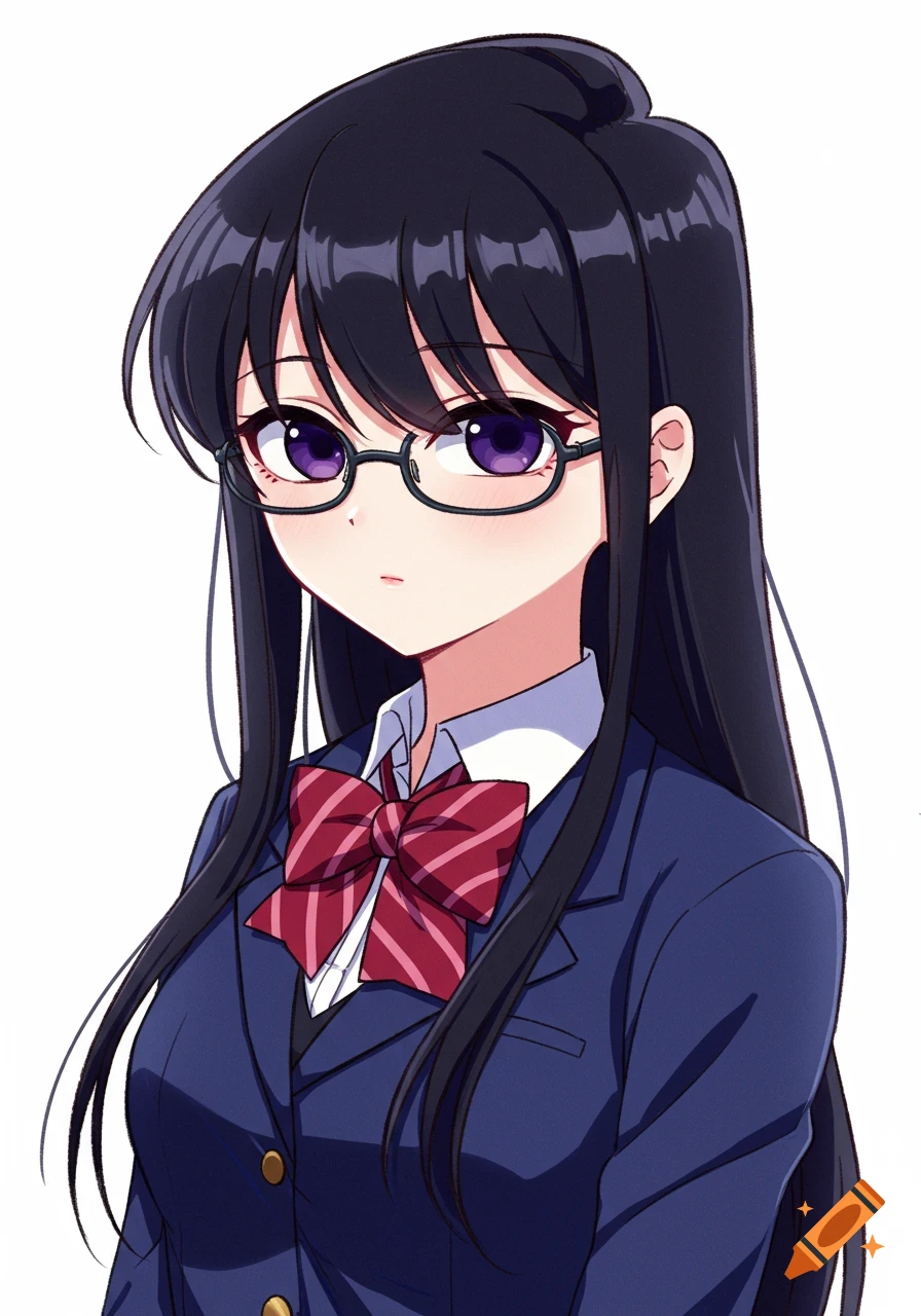 Anime portrait of a young woman in school uniform and glasses looking forward.