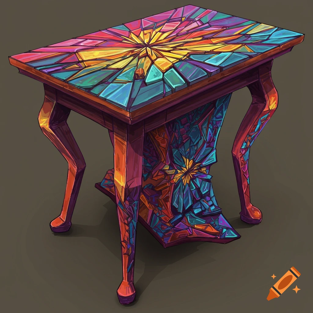 Abstract table with fragmented colorful mosaic top and legs