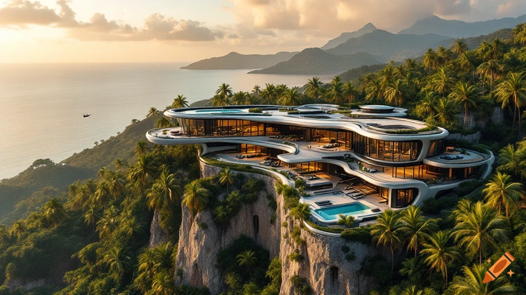 A futuristic mansion on a tropical cliff overlooking the ocean at sunset.
