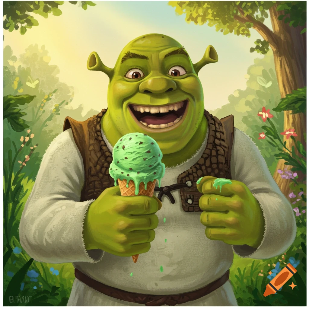Shrek holding a green ice cream cone and smiling happily in a sunny forest illustration