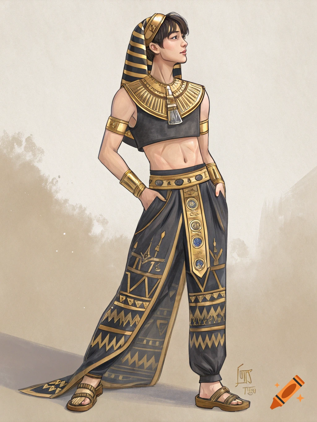 Drawing of a person in black and gold Egyptian-style clothing.