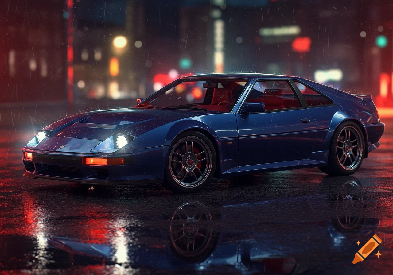 A blue sports car sits on a wet city street at night with rain falling, illuminated by its headlights.