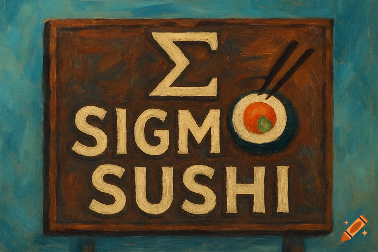 Painted wooden sign for Sigma Sushi with a sushi roll and chopsticks.