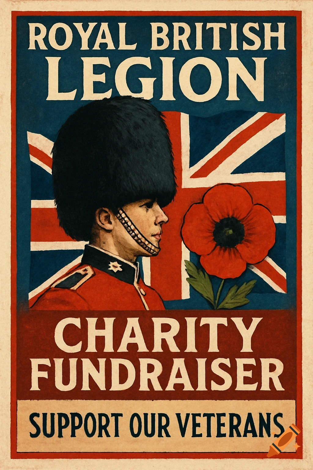 Vintage style poster for the Royal British Legion charity fundraiser with a guard, poppy, and Union Jack.