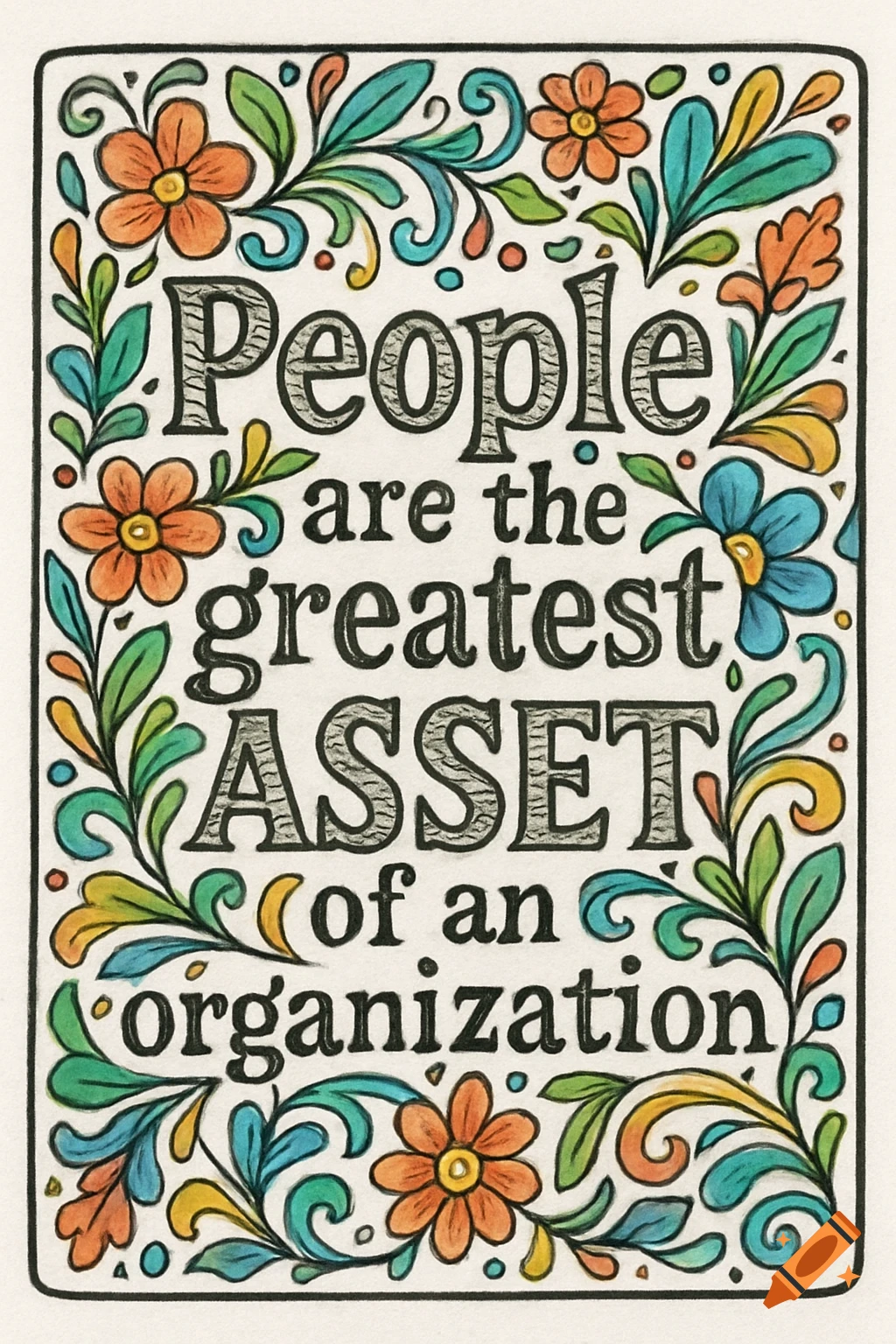 Illustrated quote 'People are the greatest ASSET of an organization' with floral border.