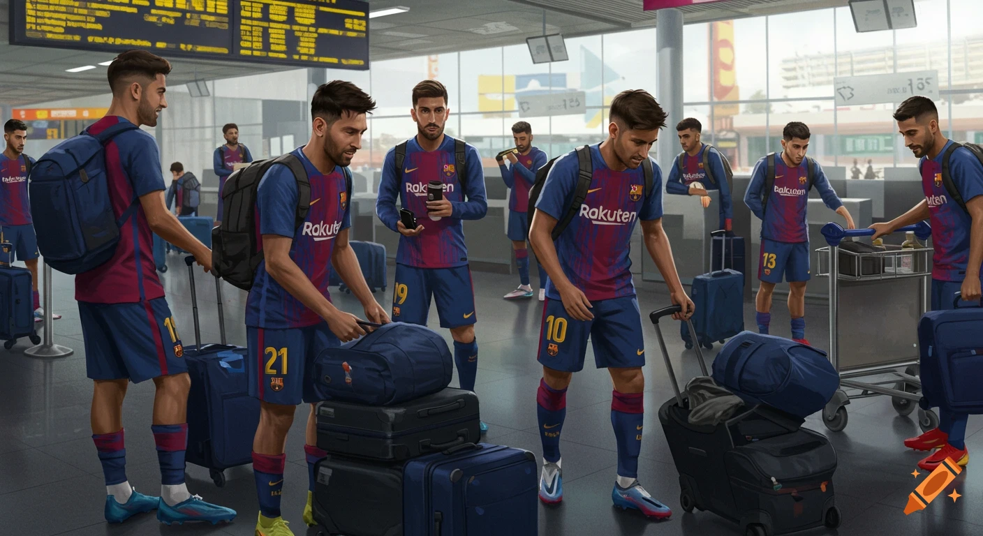 Illustrated football players in uniforms with luggage in an airport.
