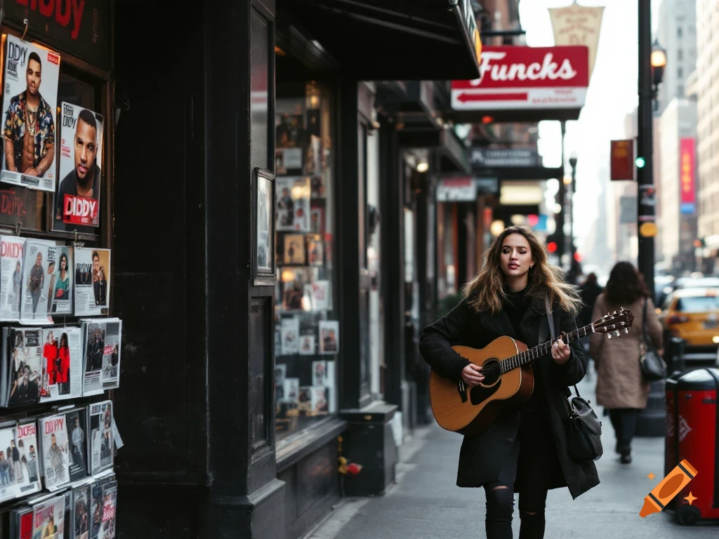 A woman in a black coat walks down a New York City street playing an acoustic guitar, passing a newsstand.
