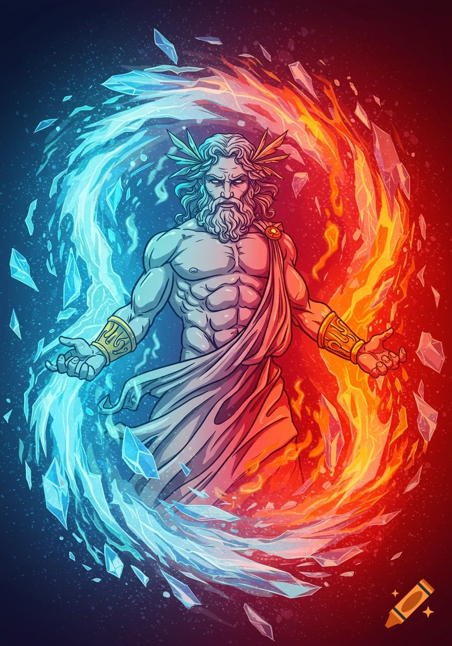 Illustration of a mythological figure, like Zeus, with a beard and muscular build, surrounded by swirling ice and fire.