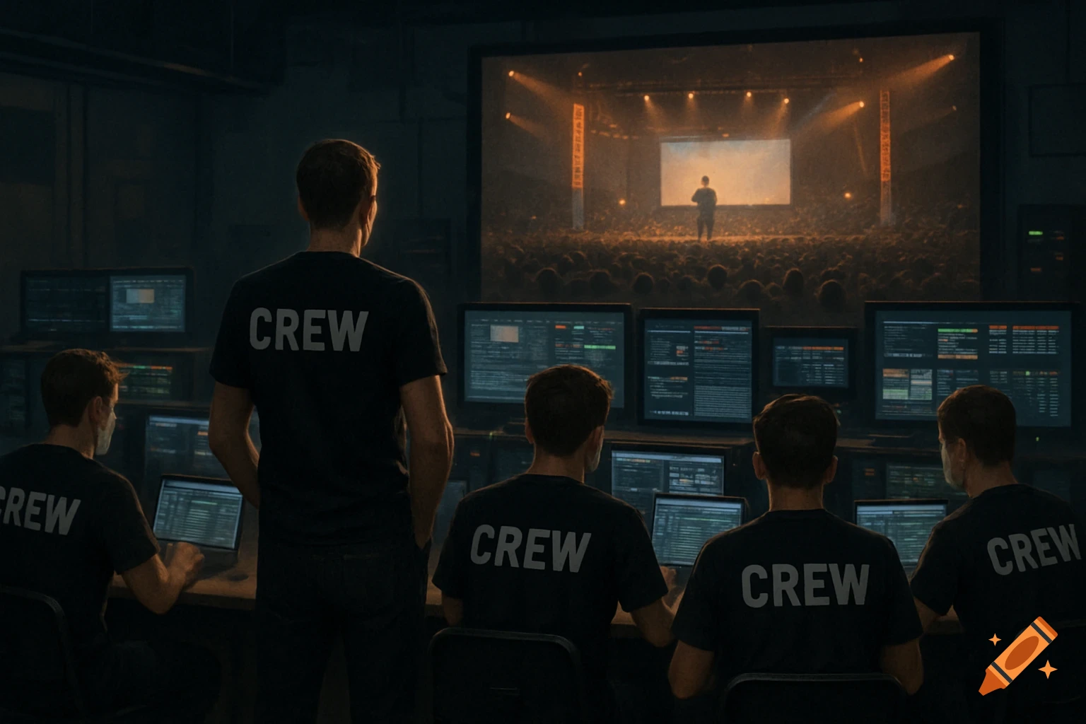 Crew members in a dark control room look at monitors showing an event on stage.