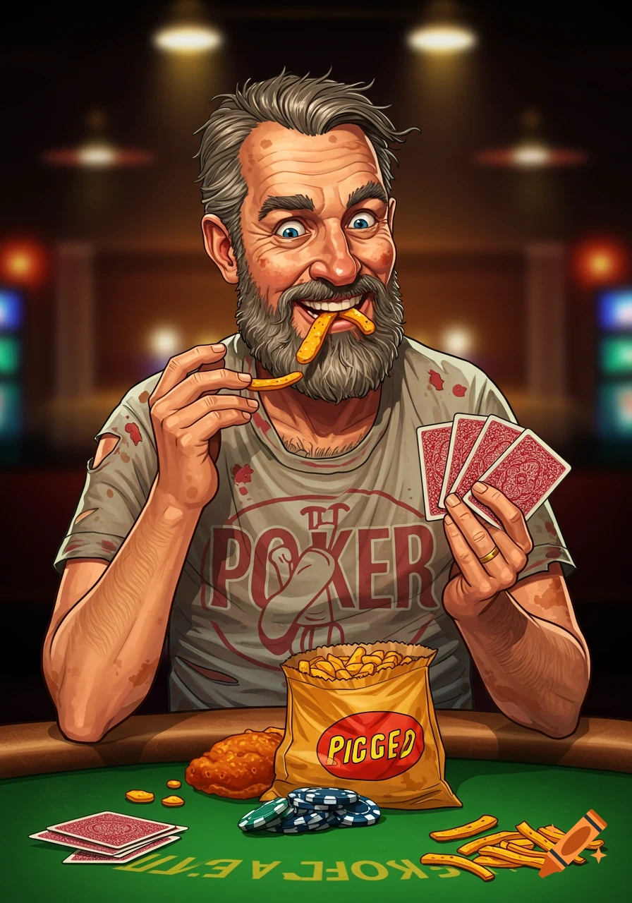 Illustration of a man eating fries and playing poker at a table.