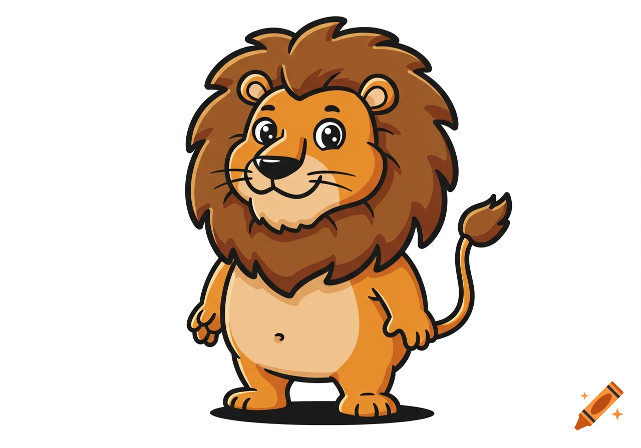 A cartoon drawing of a standing lion with a mane.