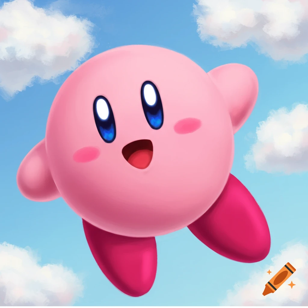 Kirby floats in a blue sky with clouds.