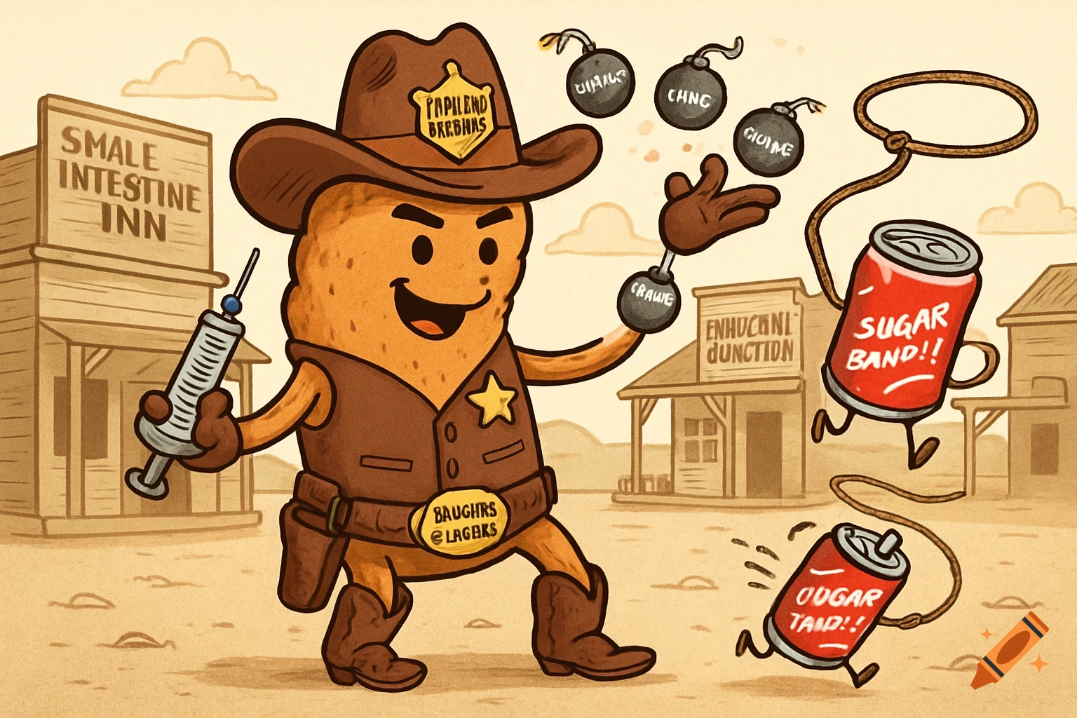 Cartoon pancreas sheriff in a Wild West town, holding a syringe, juggling bombs, and lassoing runaway soda cans.