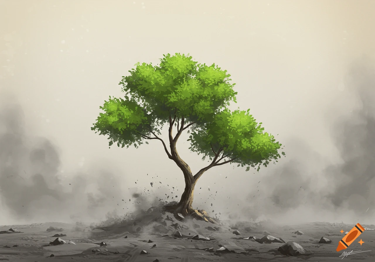 Illustration of a small green tree growing from a mound of dust and rocks in a barren landscape.