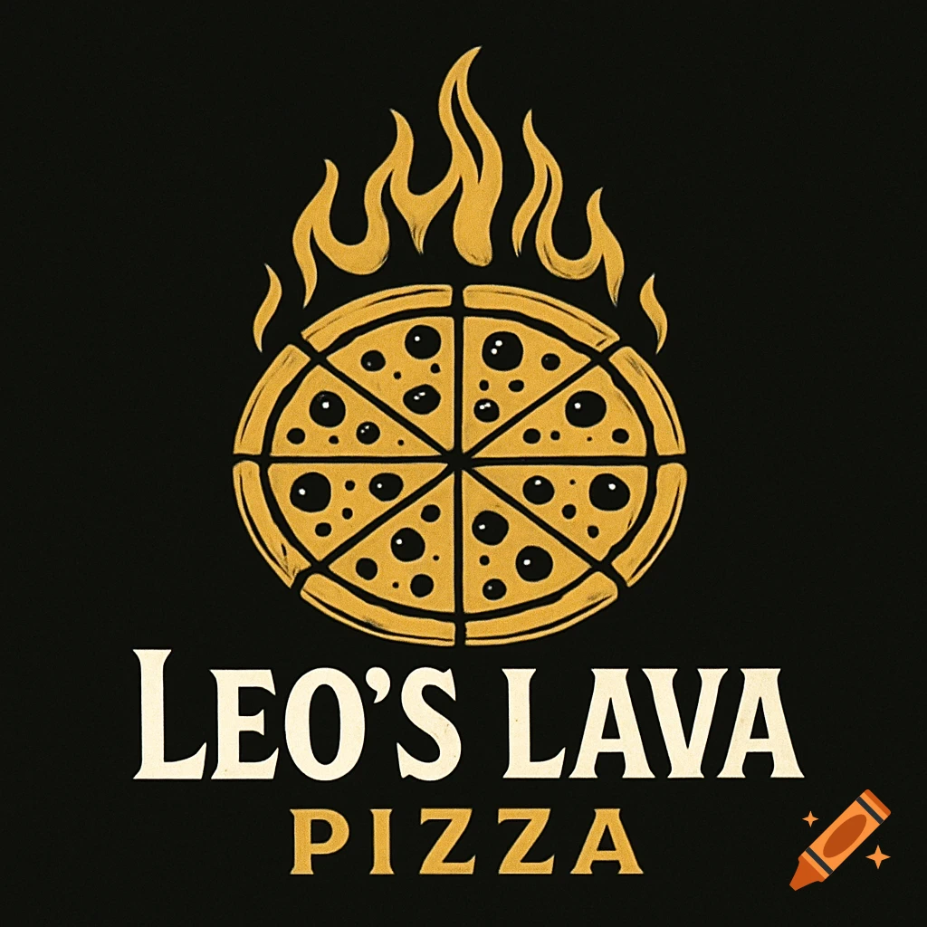 Logo for Leo's Lava Pizza featuring a pizza with flames above it.