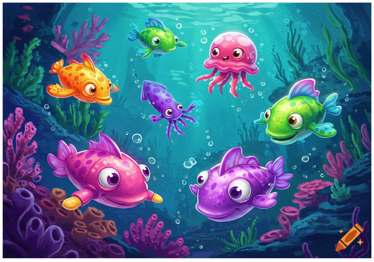 Colorful cartoon sea creatures including fish, a squid, and a jellyfish swimming underwater.
