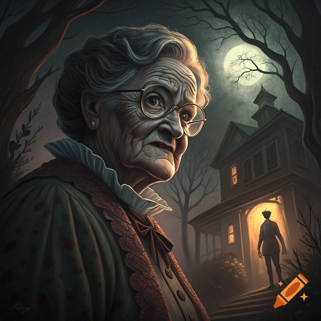 Spooky portrait of an old woman with glasses looking at a figure by a haunted house at night.