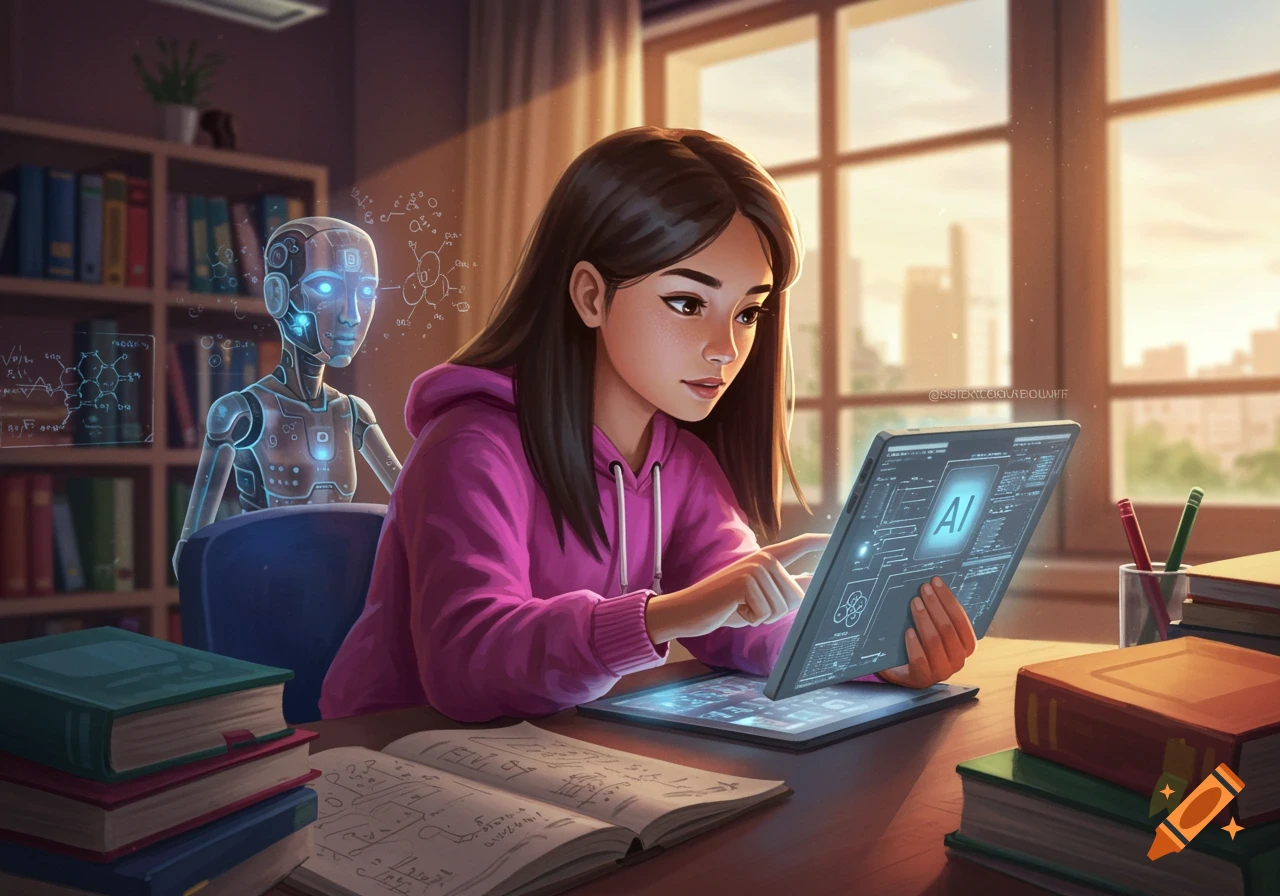 A young woman works on a tablet with a holographic robot in a library setting, surrounded by books and papers.