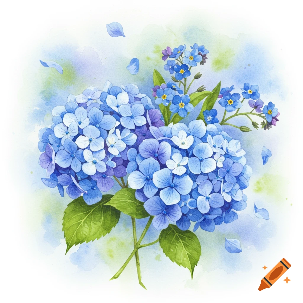 Watercolor painting of blue hydrangea and forget-me-not flowers with falling petals.