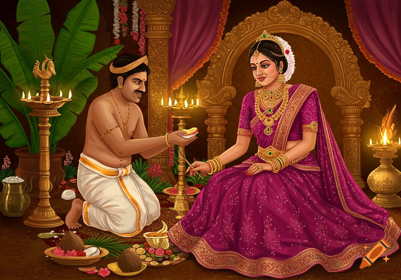Man and woman in traditional Indian attire perform a ceremony surrounded by lamps and offerings in an illustrative style.