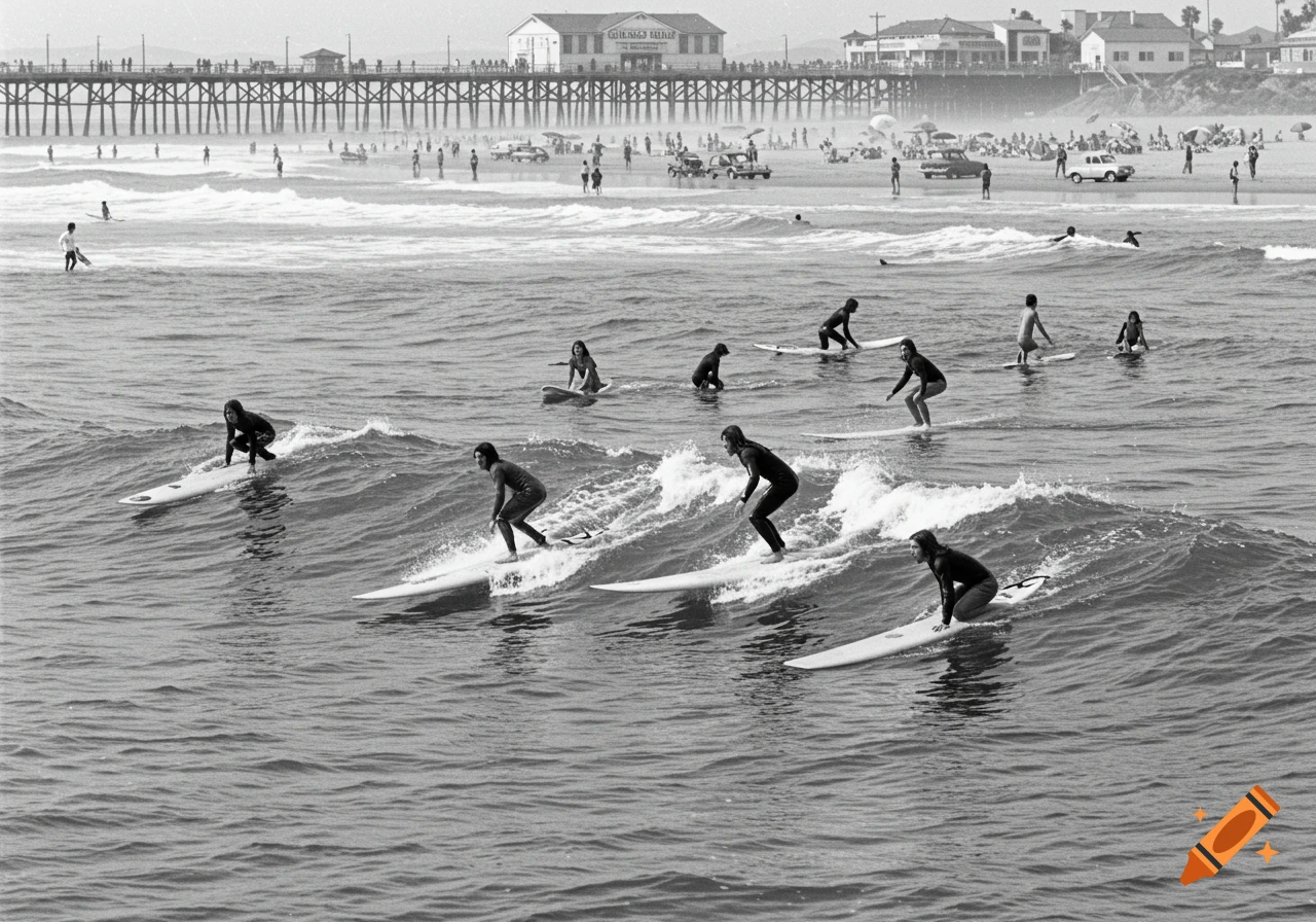 Black and white photo of surfers riding waves near a pier and crowded beach.