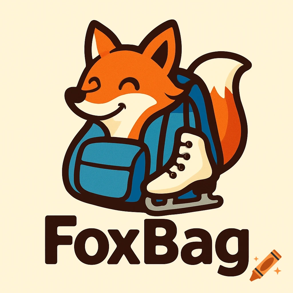 Logo of a cartoon fox mascot with a backpack and figure skate, with the text FoxBag