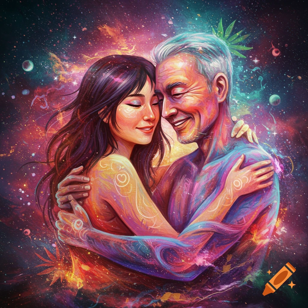 An artistic image of a couple embracing in a vibrant, colorful cosmic setting with swirling patterns and stars.