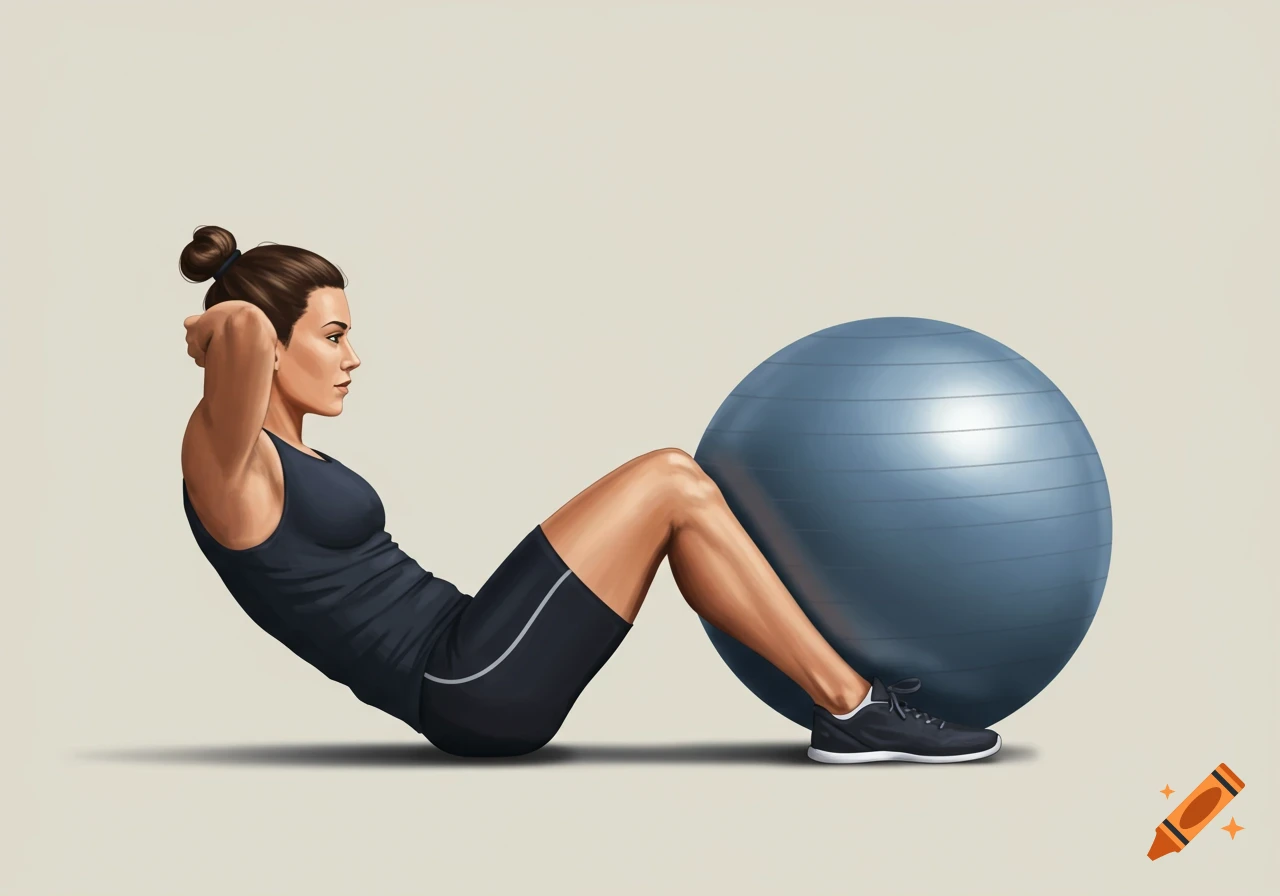 Illustrated view of a woman doing a crunch with her feet propped against a large blue exercise ball.