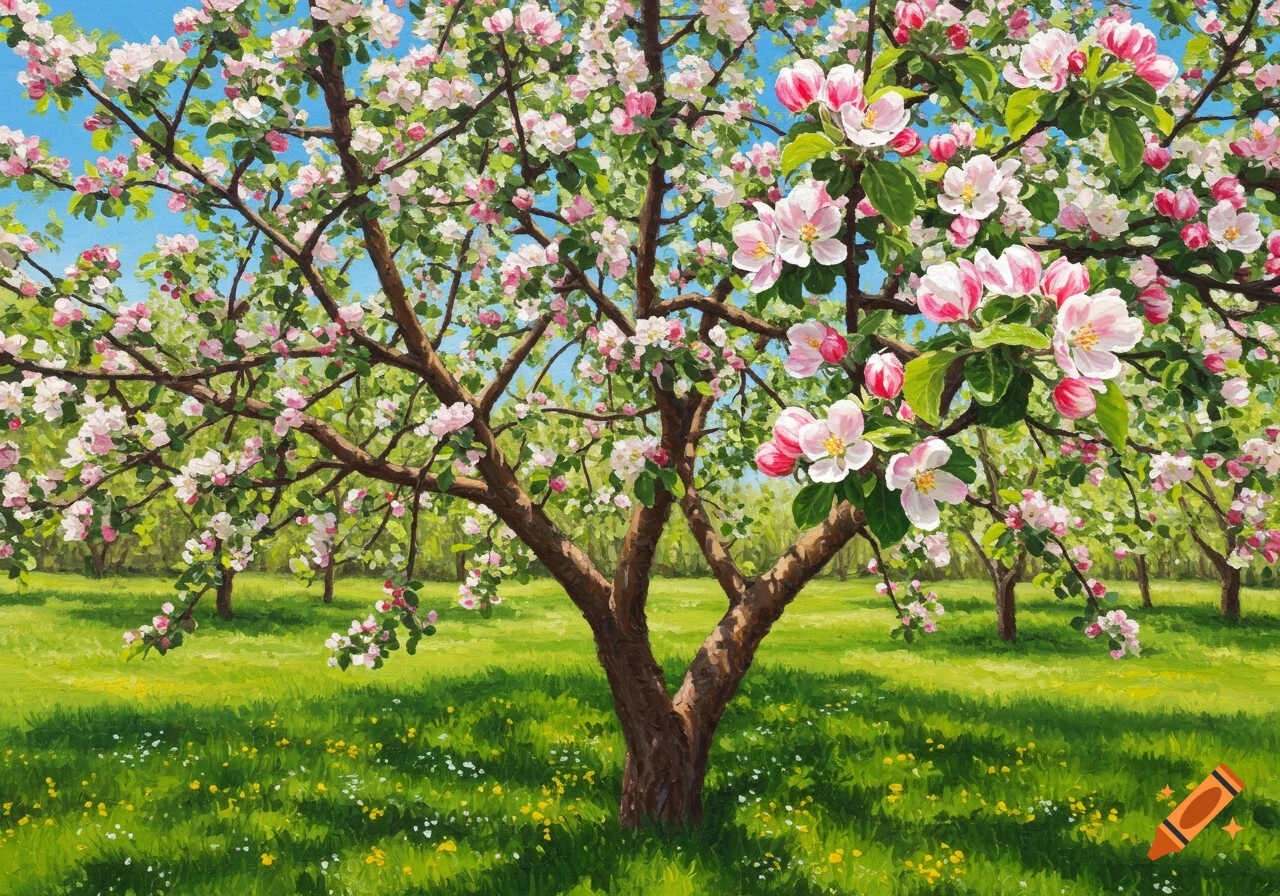 A blooming apple tree in a grassy field, painted style.