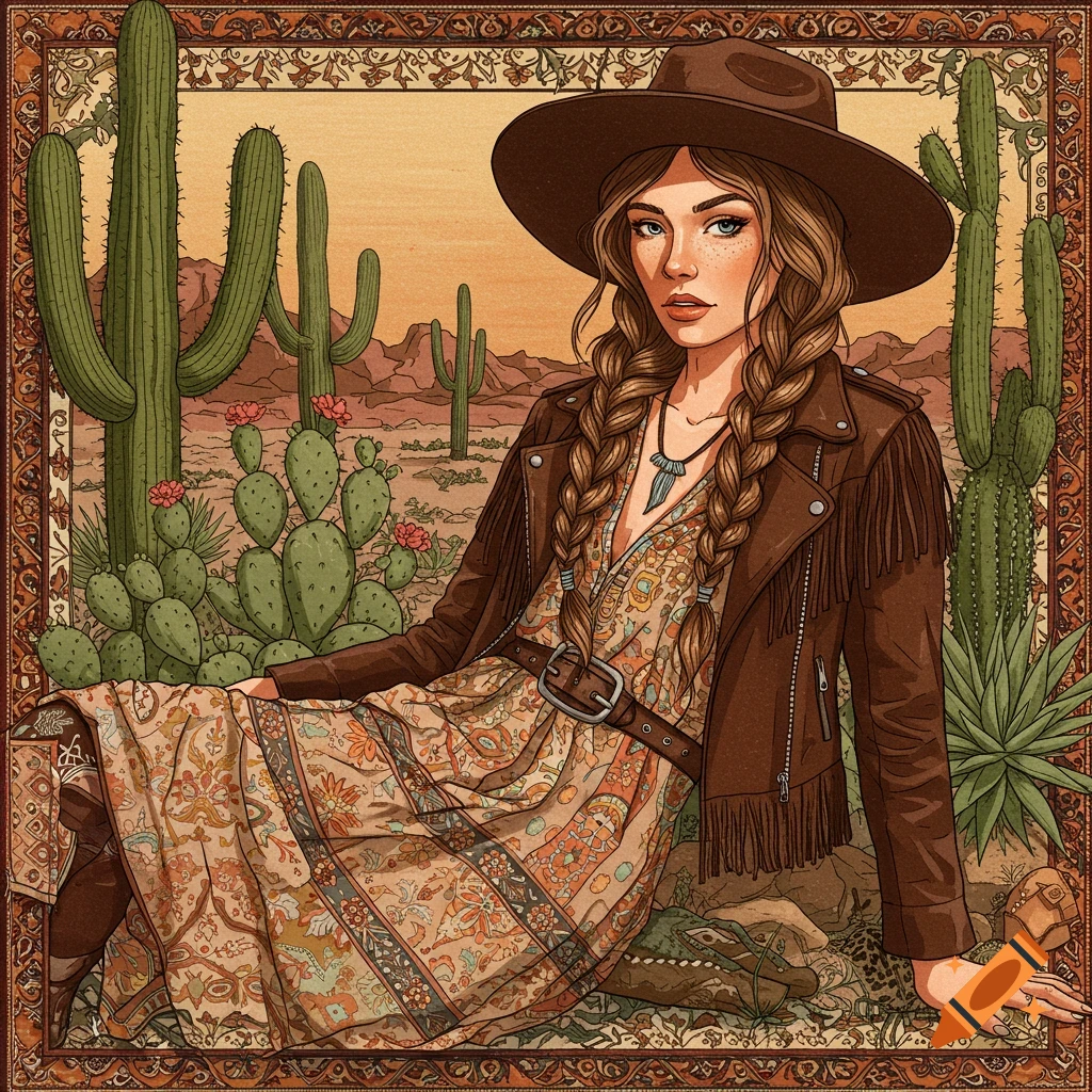 Illustration of a woman in boho western style sitting in a desert with cacti and mountains, framed by a patterned border.