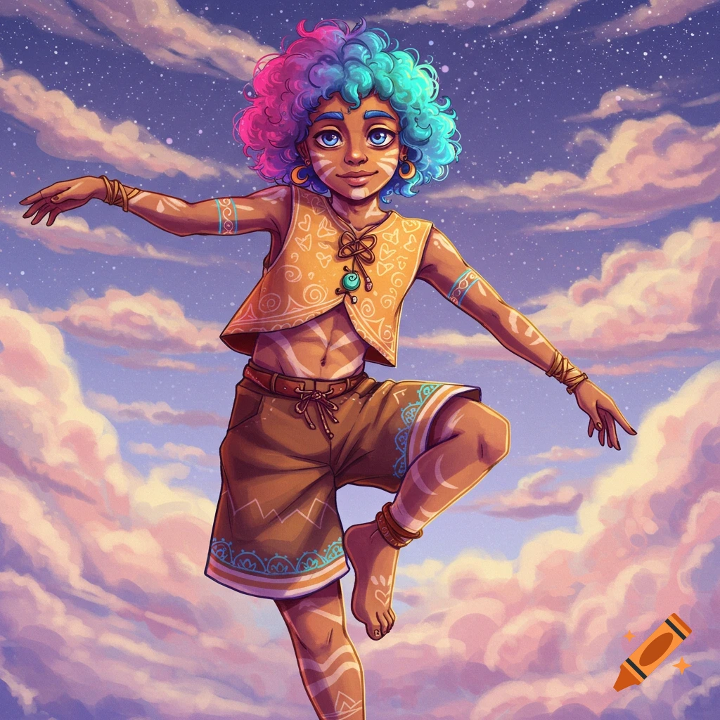A stylized illustration of a child with colorful hair and tribal markings standing in the clouds.