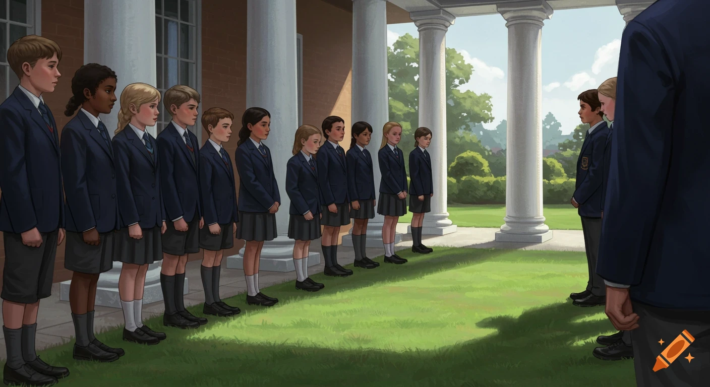 A diverse group of students in dark school uniforms stands in a line facing figures outside a building with columns.
