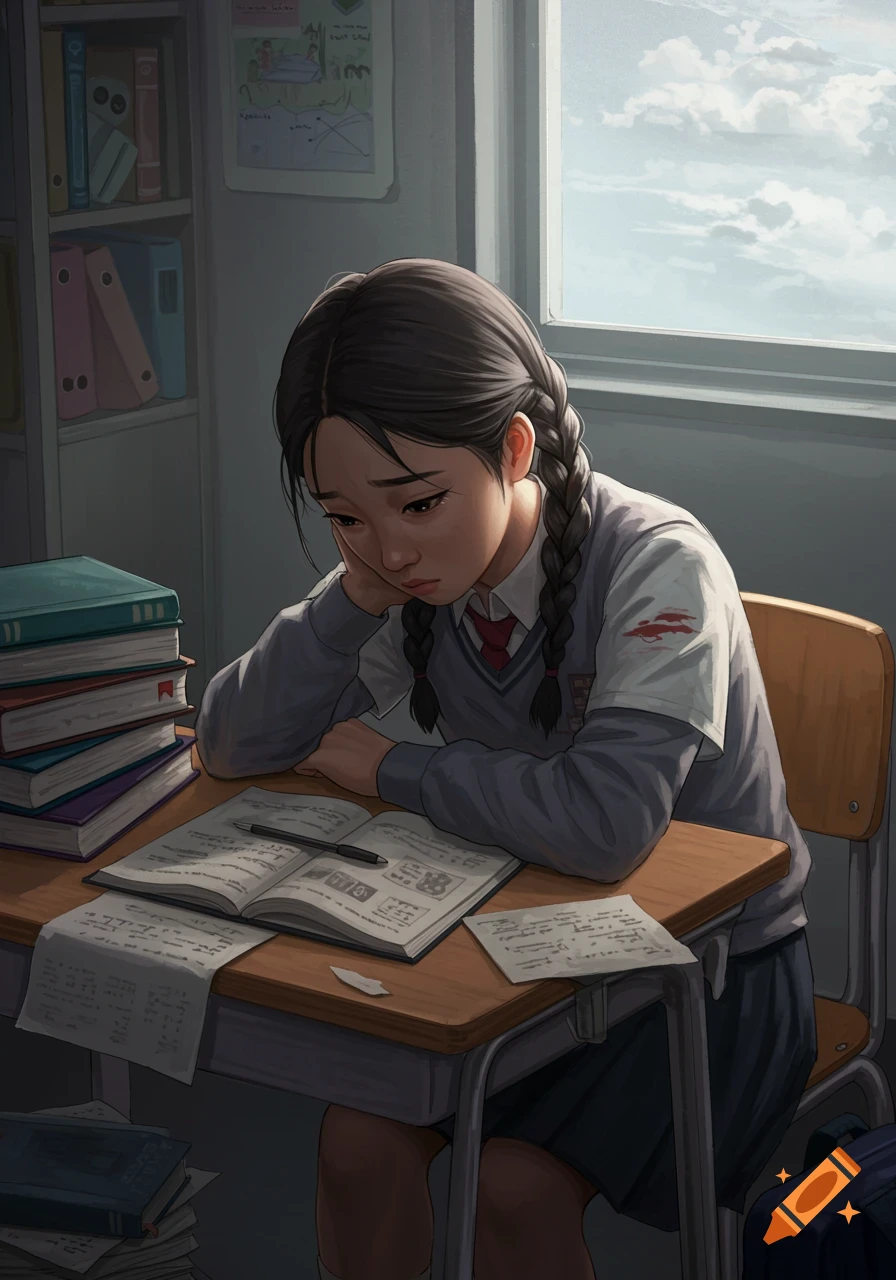 A sad student girl sits at a school desk with books.
