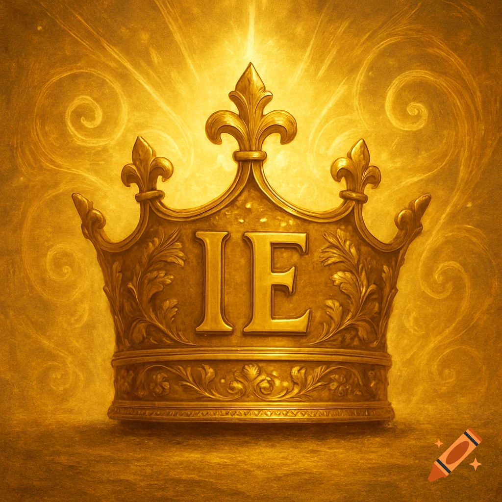 Golden crown with IE engraved on it, against a golden background with light and spirals.