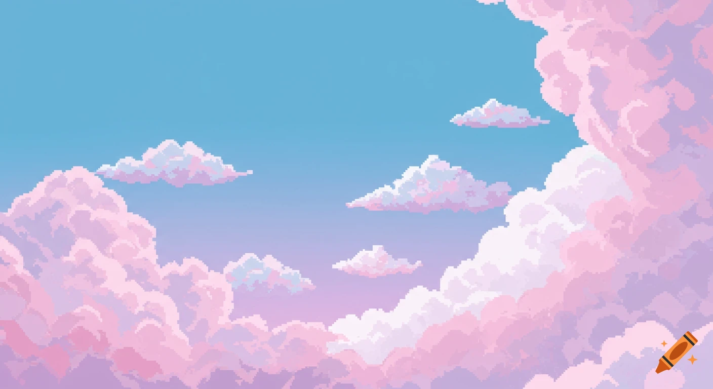 Pixel art sky with pink and white clouds against a blue and purple gradient.