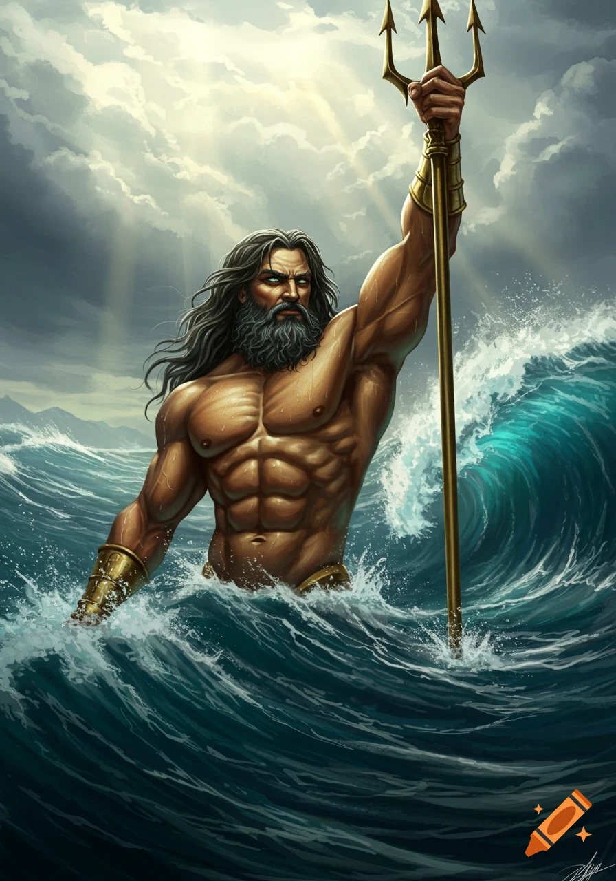 Poseidon, king of the sea, with a long beard and muscular chest, emerges from crashing waves holding a trident aloft.