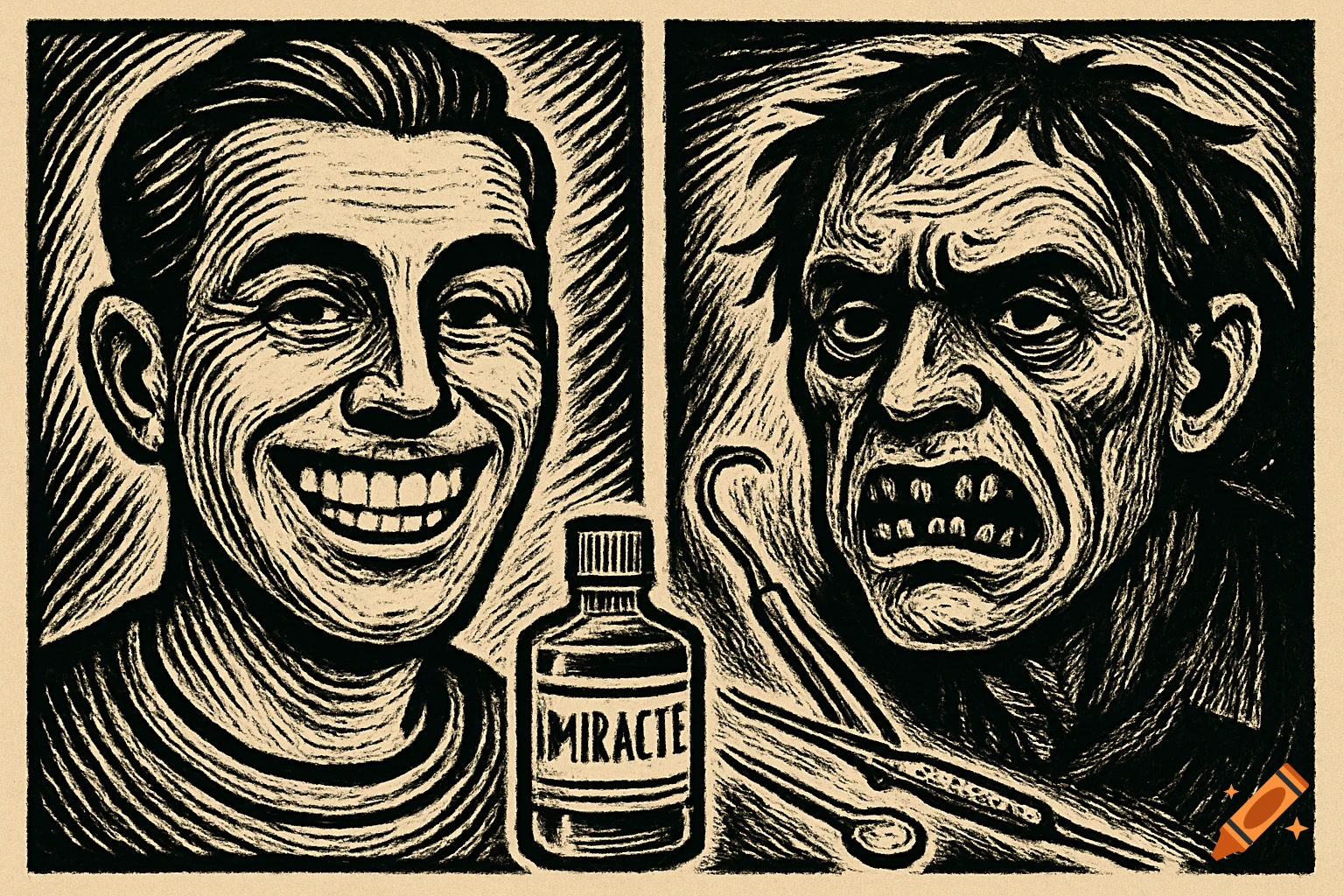 A woodcut illustration shows a smiling person next to a scowling person, with a bottle labeled MIRACLE and dental tools between them.