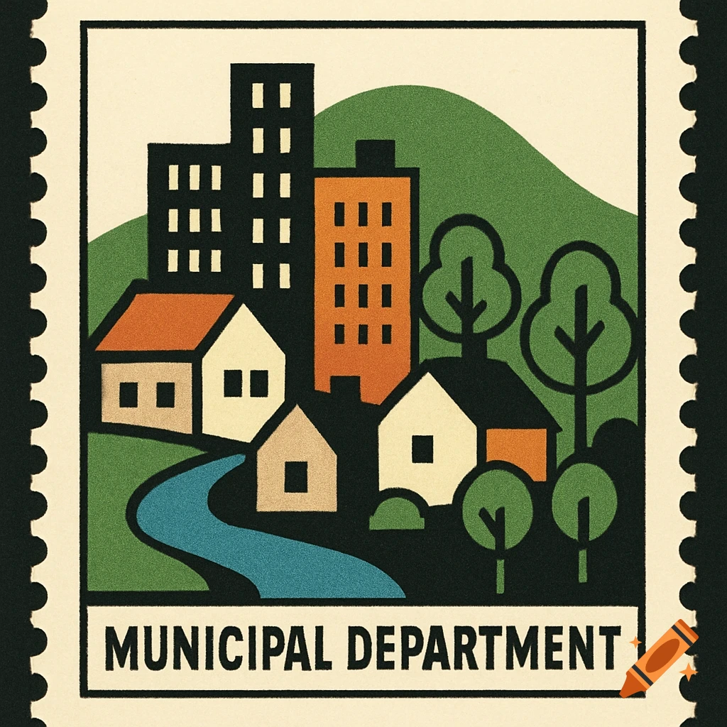 A stylized postage stamp featuring a mid-century modern cityscape with buildings, houses, trees, a river, and the text MUNICIPAL DEPARTMENT.