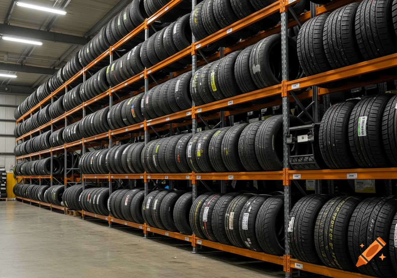 Rows of car tires stacked on orange shelves in a warehouse.